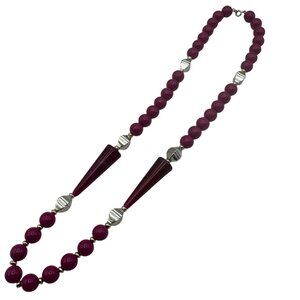 Vintage Beaded Necklace Fuchsia Conical Accent Silver Textured Spacer Classic